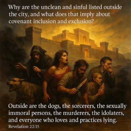 poster Revelation 22:15 - Why are the unclean and sinful listed outside the city, and what does that imply about covenant inclusion and exclusion? (Revelation 22:15)
